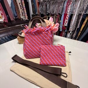 Naghedi Woven Neoprene Mini Tote Pink & Coral | Crossbody Strap + Pouch + Dust B